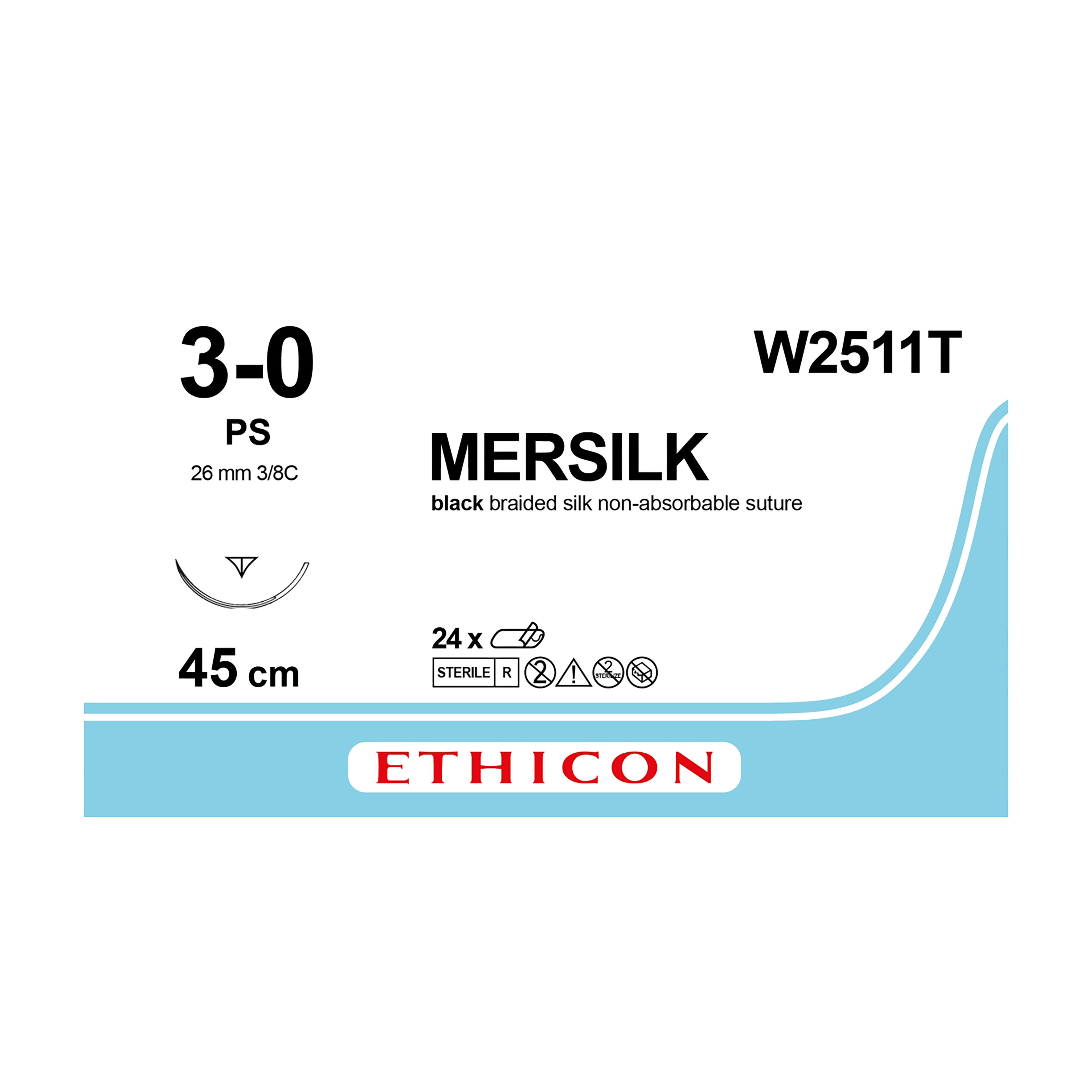 Mersilk Sutures Black Coated 45cm 30 38 Circle PRIME Reverse Cutting PS 26mm W2511T 24pk