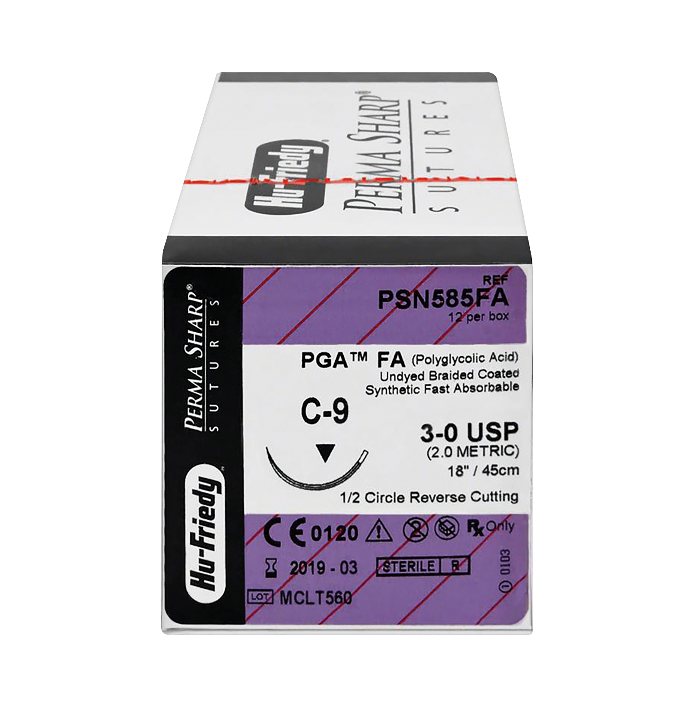 PGA-FA Sutures Undyed Coated 45cm 3-0 1/2 Circle Reverse Cutting C-9 23mm PSN585FA 12pk