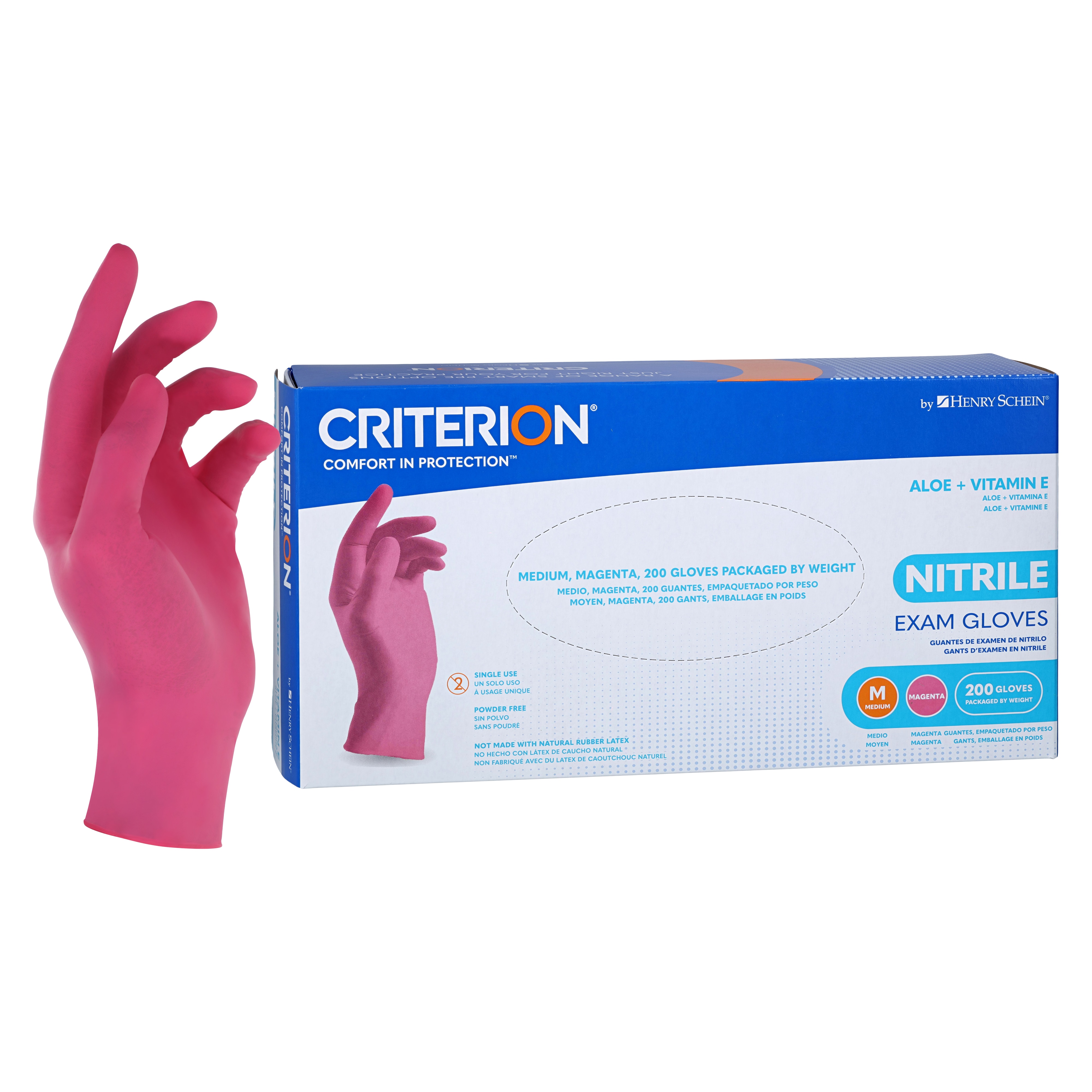 Criterion Aloe + Vitamin E Nitrile Exam Gloves Medium Magenta Pink NS 200/Bx