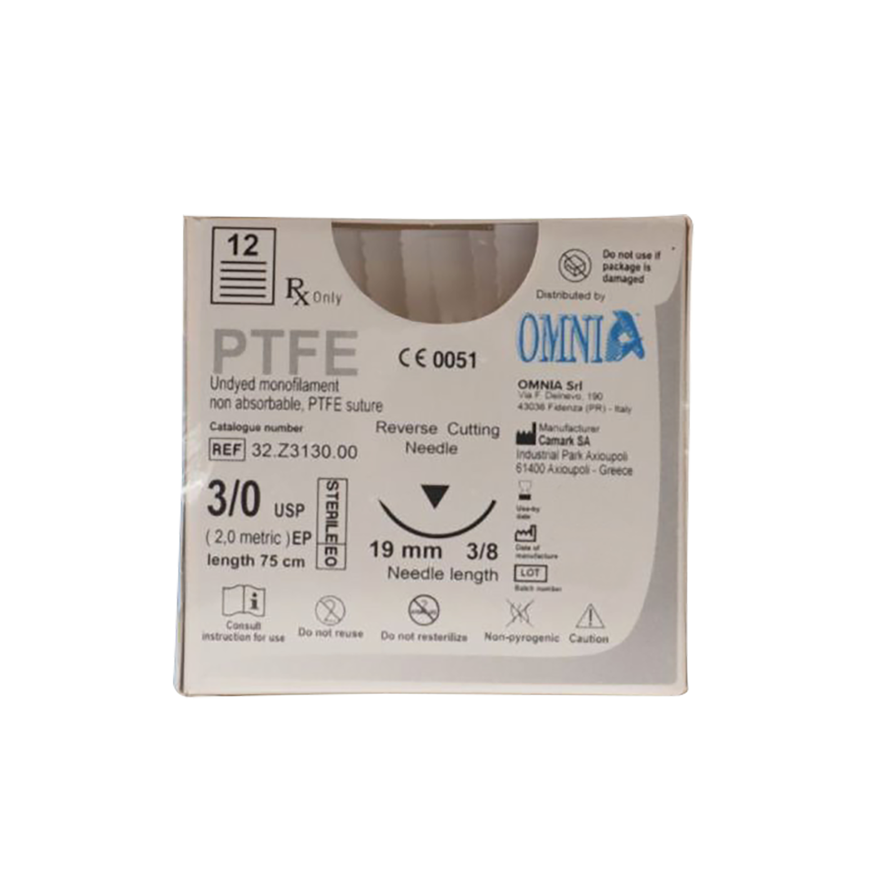 PTFE Sutures White Uncoated 75cm 3-0 3/8 Circle Reverse Cutting Sharp Tip 19mm 32.Z3130 12pk