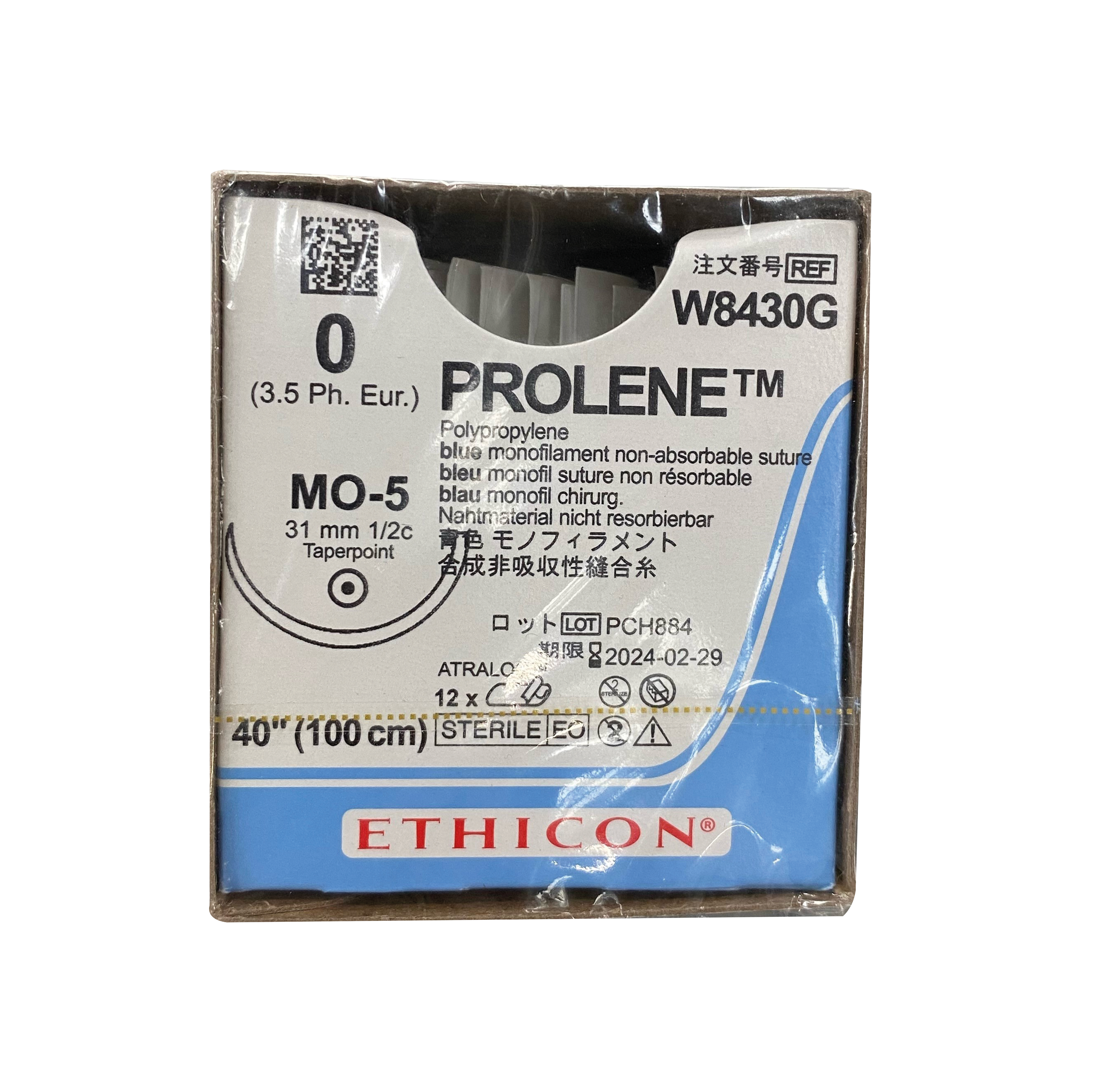 Prolene Sutures Blue Uncoated 100cm 0 12 Circle Taper Point MO5 31mm W8430G 24pk