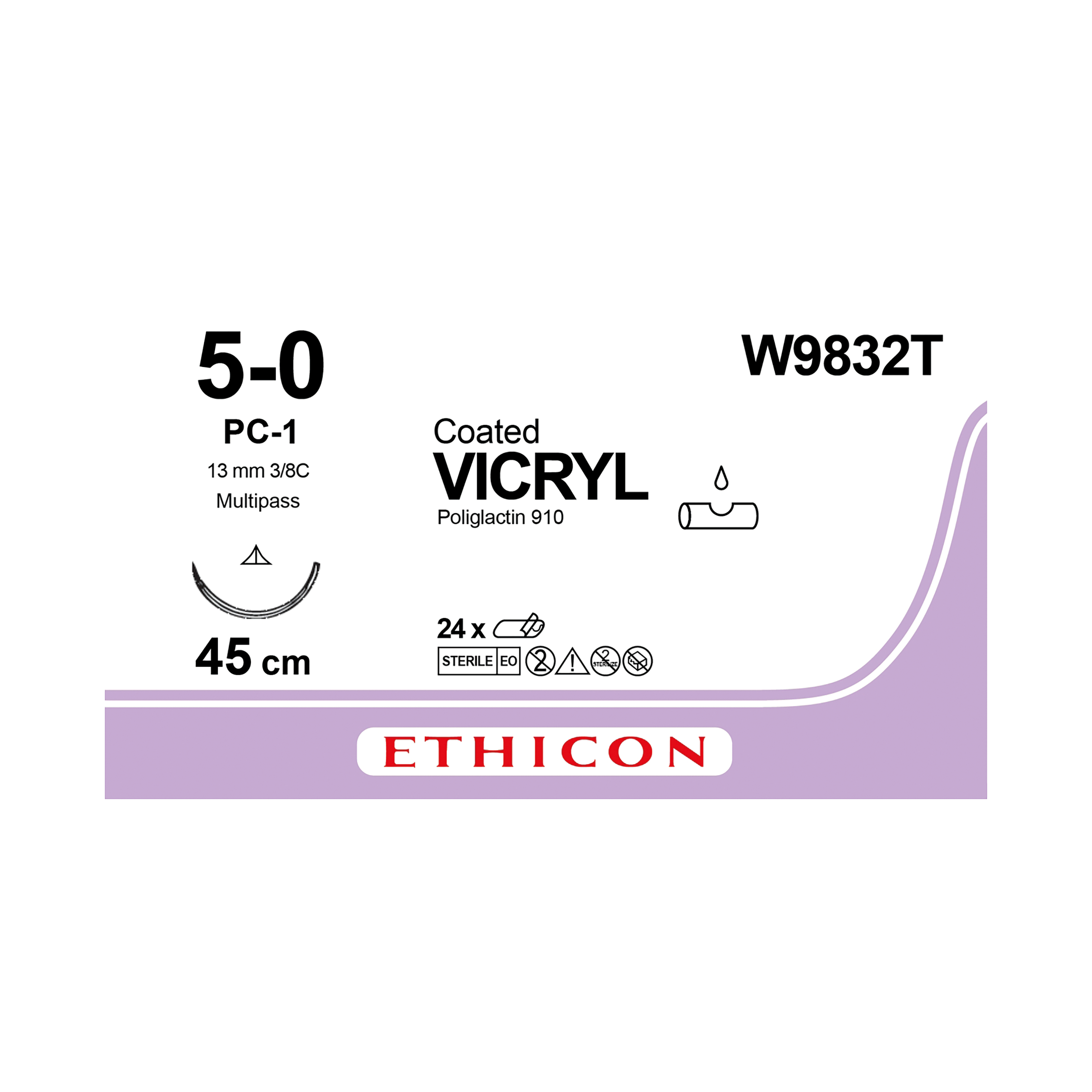 Vicryl Sutures Undyed Coated 45cm 50 38 Circle Cutting Needle PC1 13mm W9832T 24pk