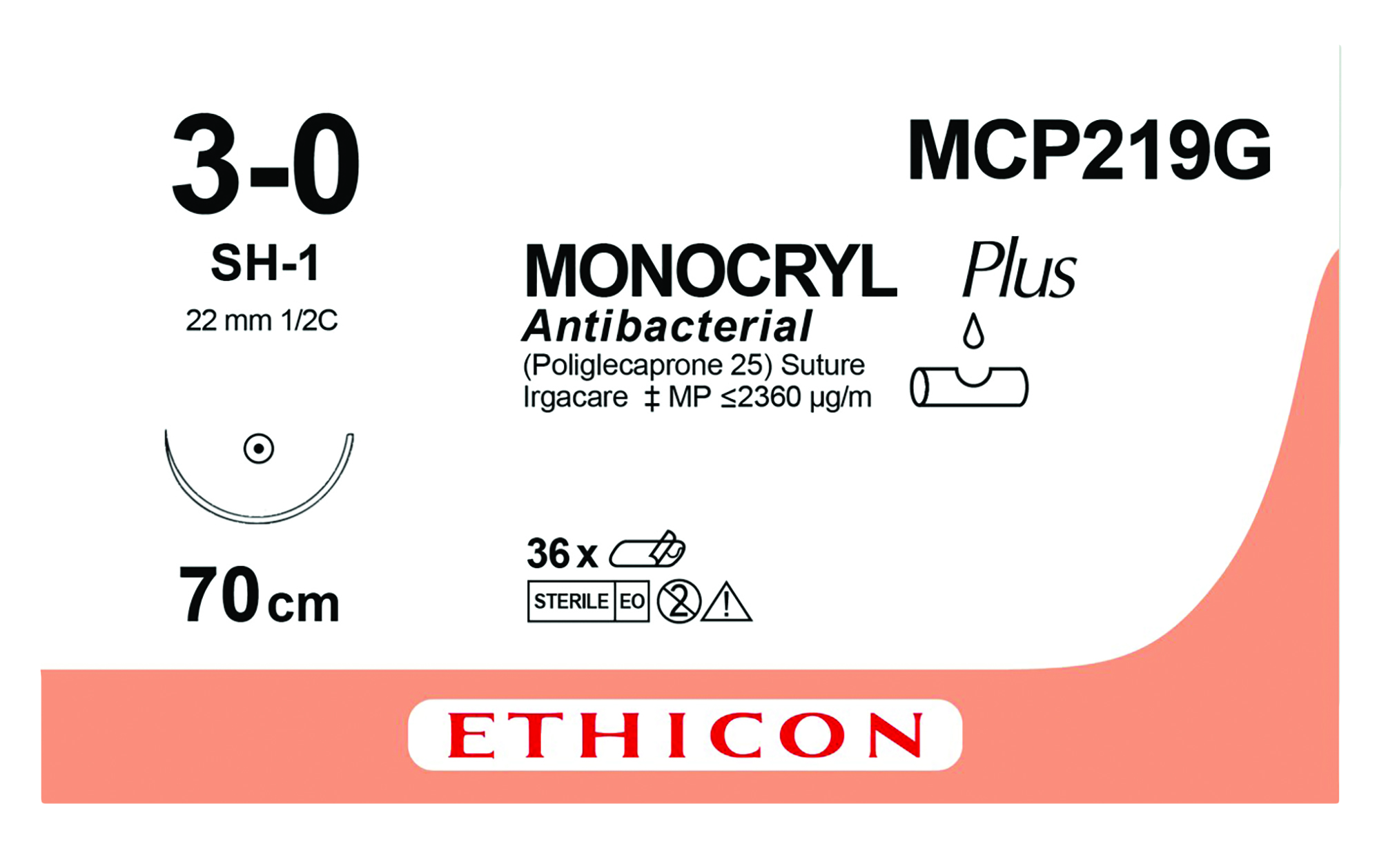 MONOCRYL Plus Sutures Violet Uncoated 70cm 3-0 1/2 Circle Taper Point SH-1 22mm MCP219G 12pk