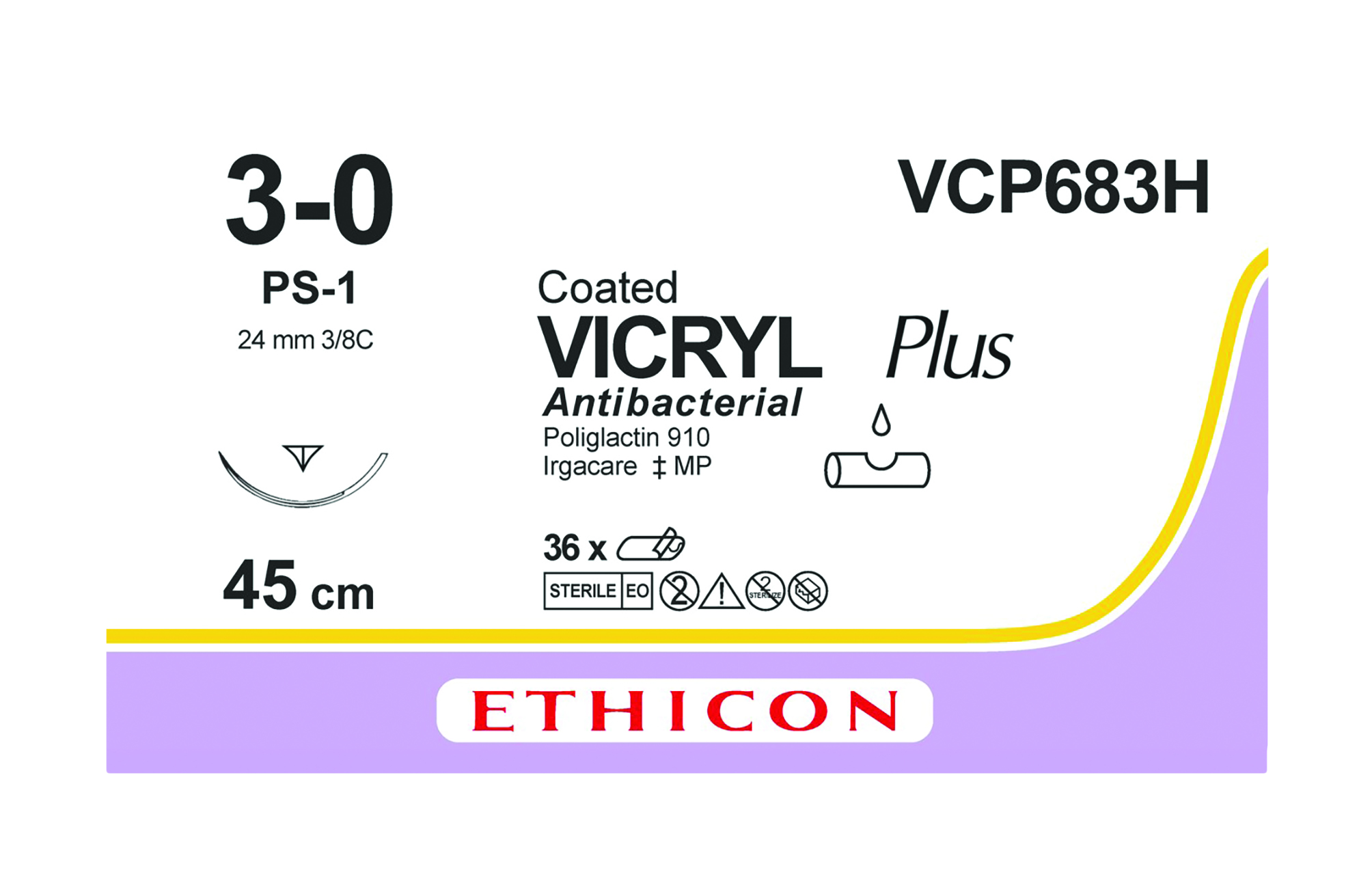VICRYL Plus Sutures Undyed Coated 45cm 3-0 3/8 Circle PRIME Reverse Cutting PS-1 24mm VCP683H 36pk