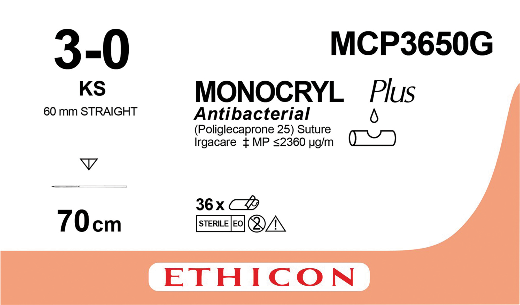 MONOCRYL Plus Sutures Undyed Uncoated 70cm 30 Straight Reverse Cutting KS 60mm MCP3650G 12pk