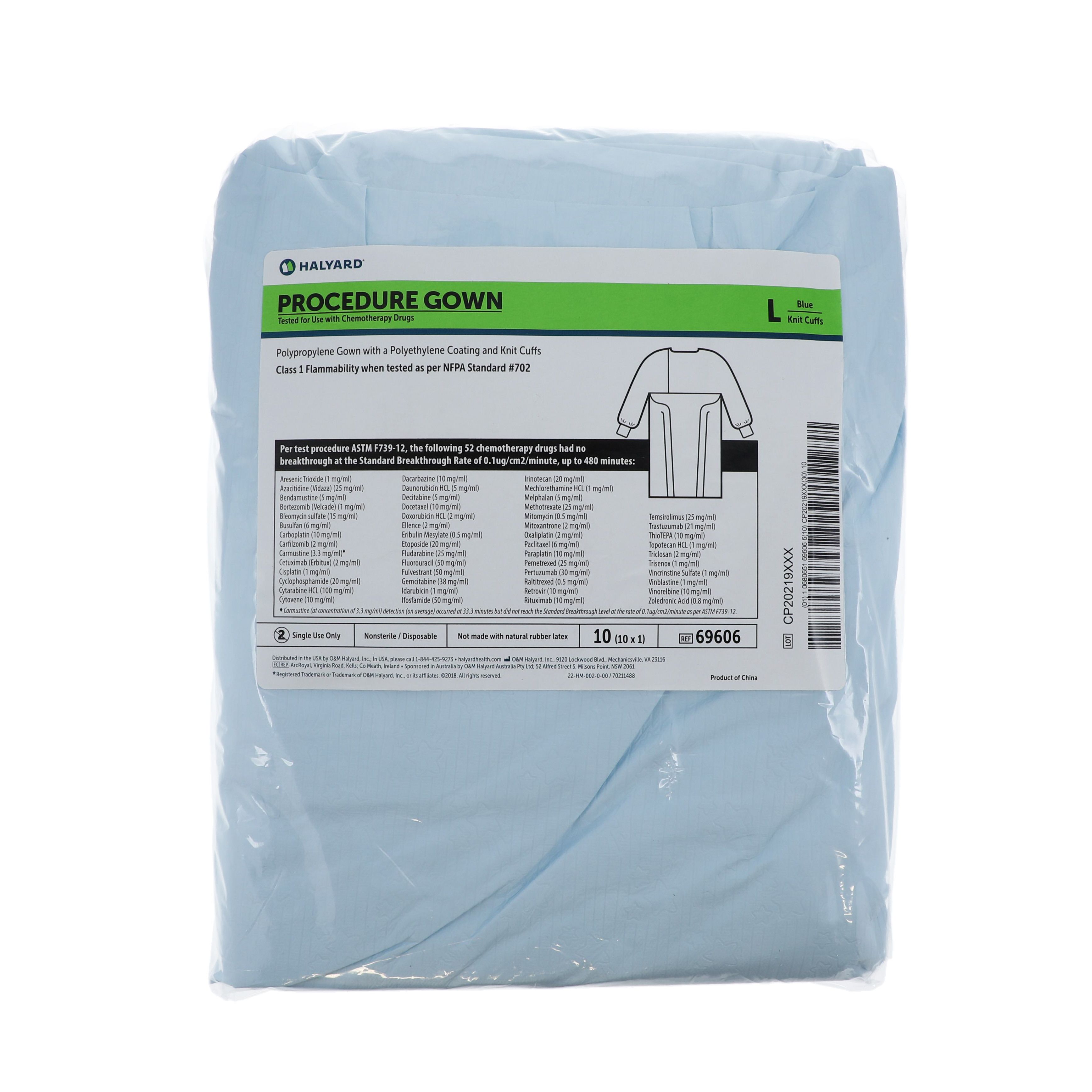 Chemotherapy Procedure Gown Polyethylene Universal Blue 10/Pk
