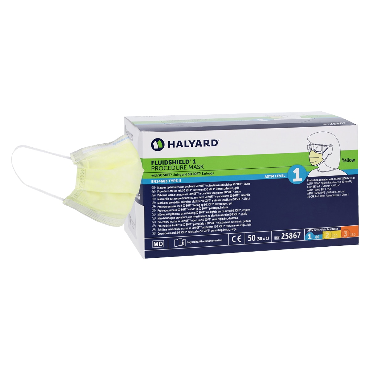 FluidShield Procedure Mask ASTM Level 1 Yellow 50/Bx