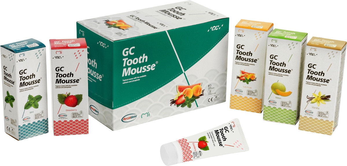 Tooth Mousse - assortiment - Bevat 5x 35 ml, 1 van elke smaak meloen, aardbeien, tutti-frutti, mint