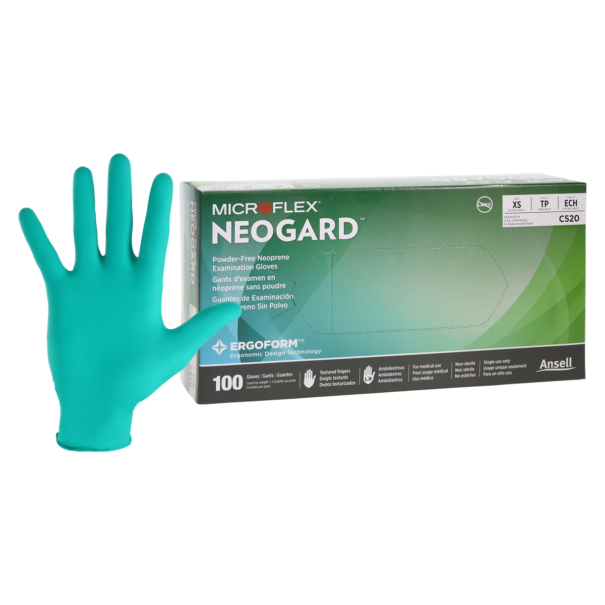 MICROFLEX Neogard Neoprene Exam Gloves X-Small Green Non-Sterile 100/Bx