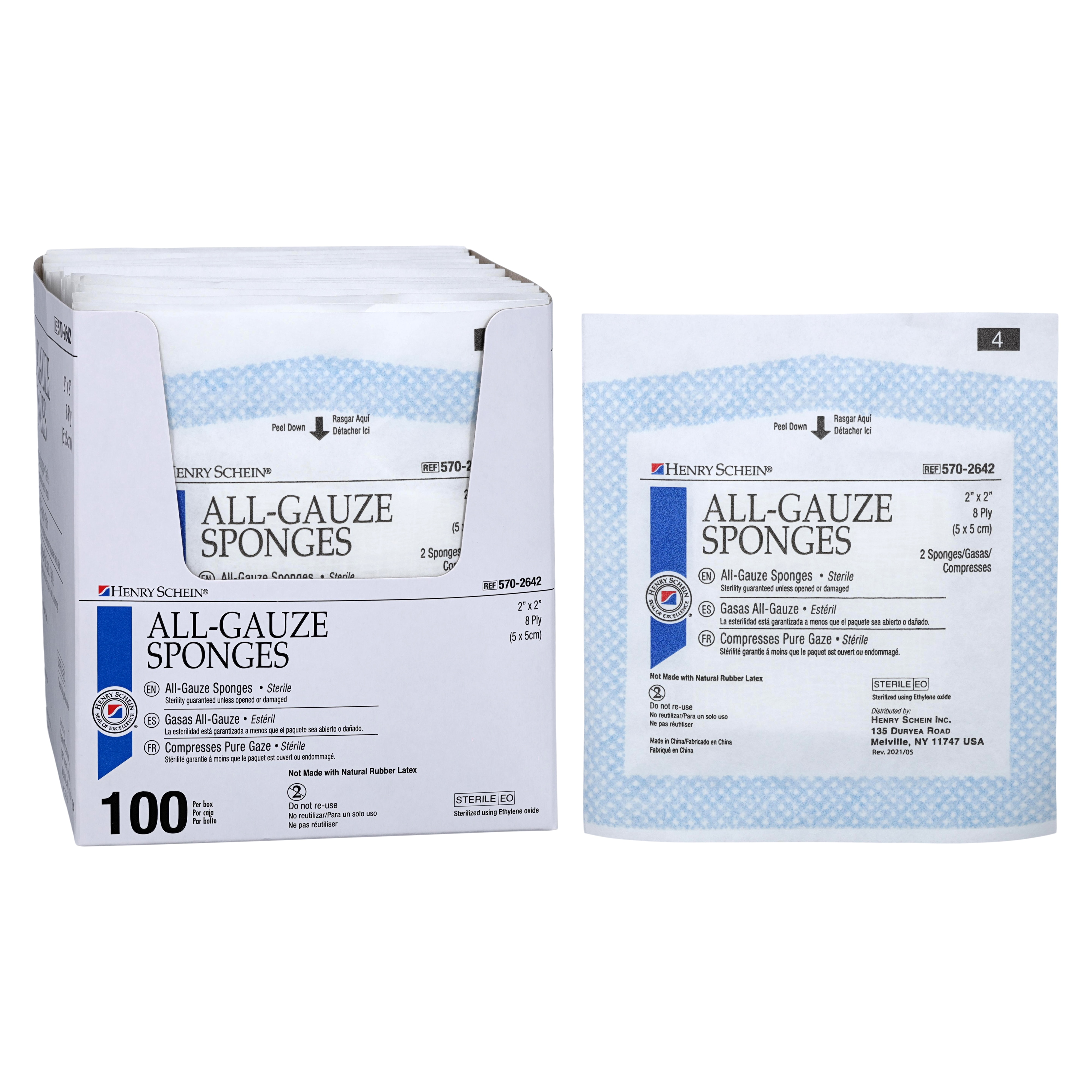 Henry Schein Premium 100% Cotton All-Gauze Sponge 2x2" 8 Ply Sterile Square LF