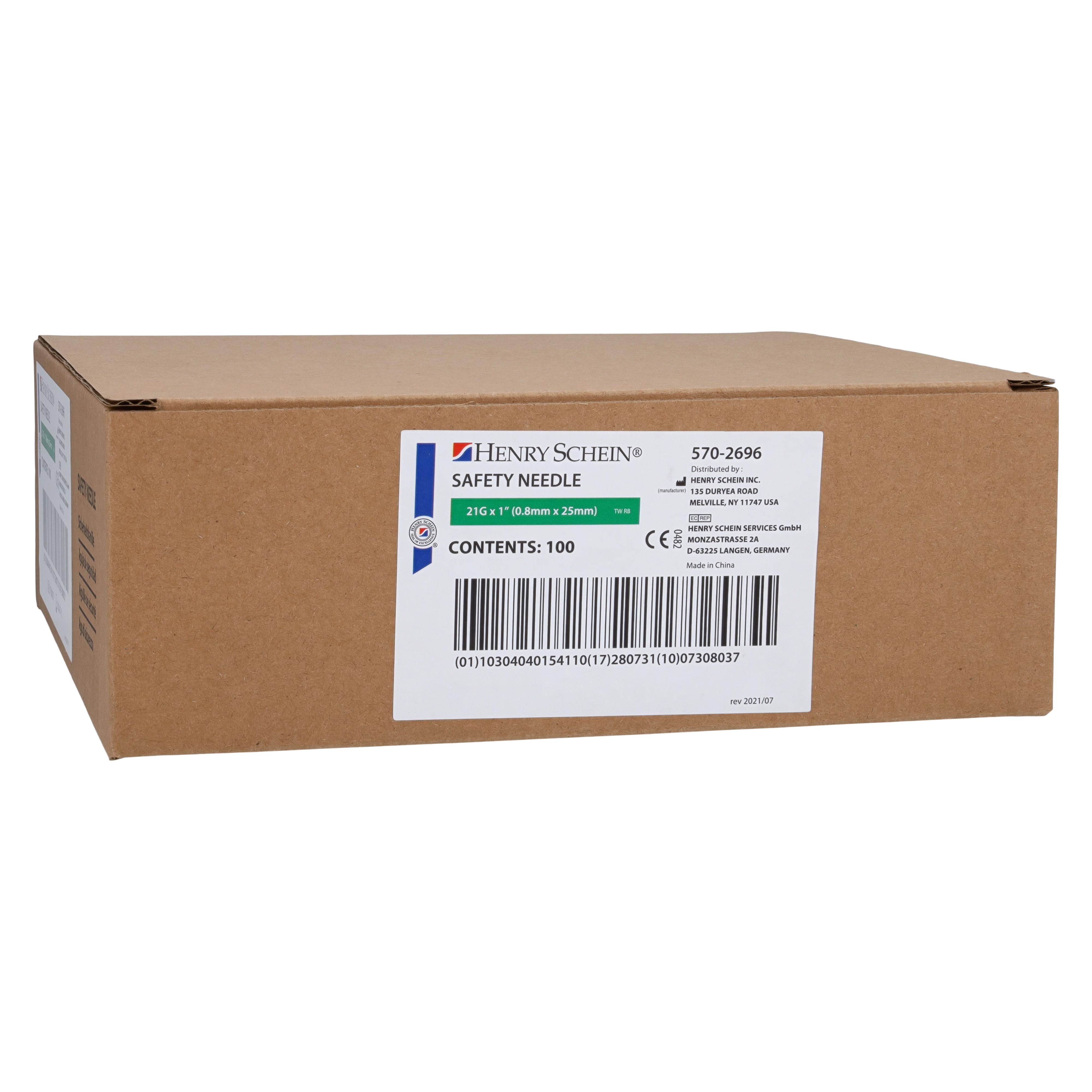 Safety Needle 21gx1" Green Safety Shield 100/Bx