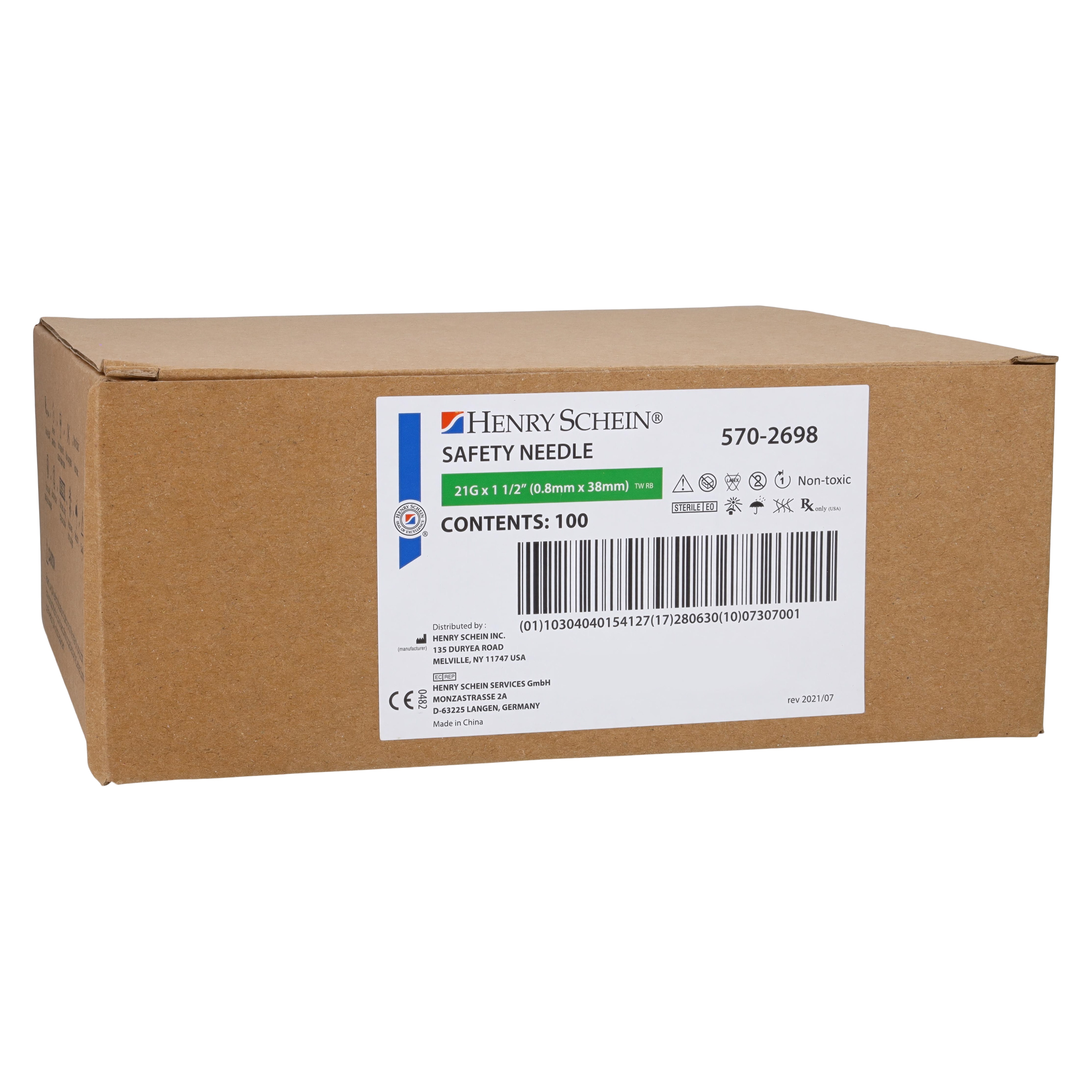 Safety Needle 21gx1-1/2" Green Safety Shield 100/Bx