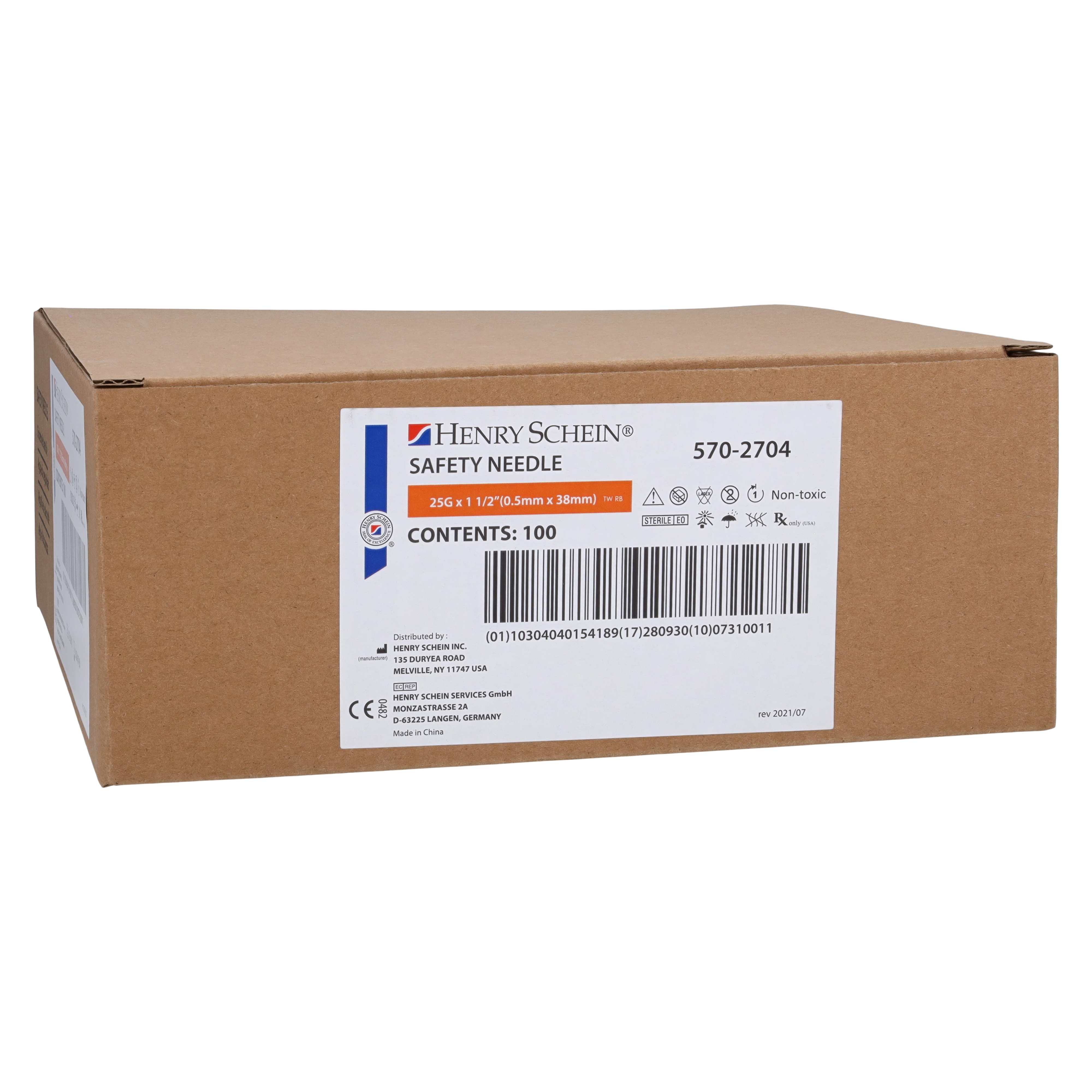 Safety Needle 25gx1-1/2" Orange Safety Shield 100/Bx