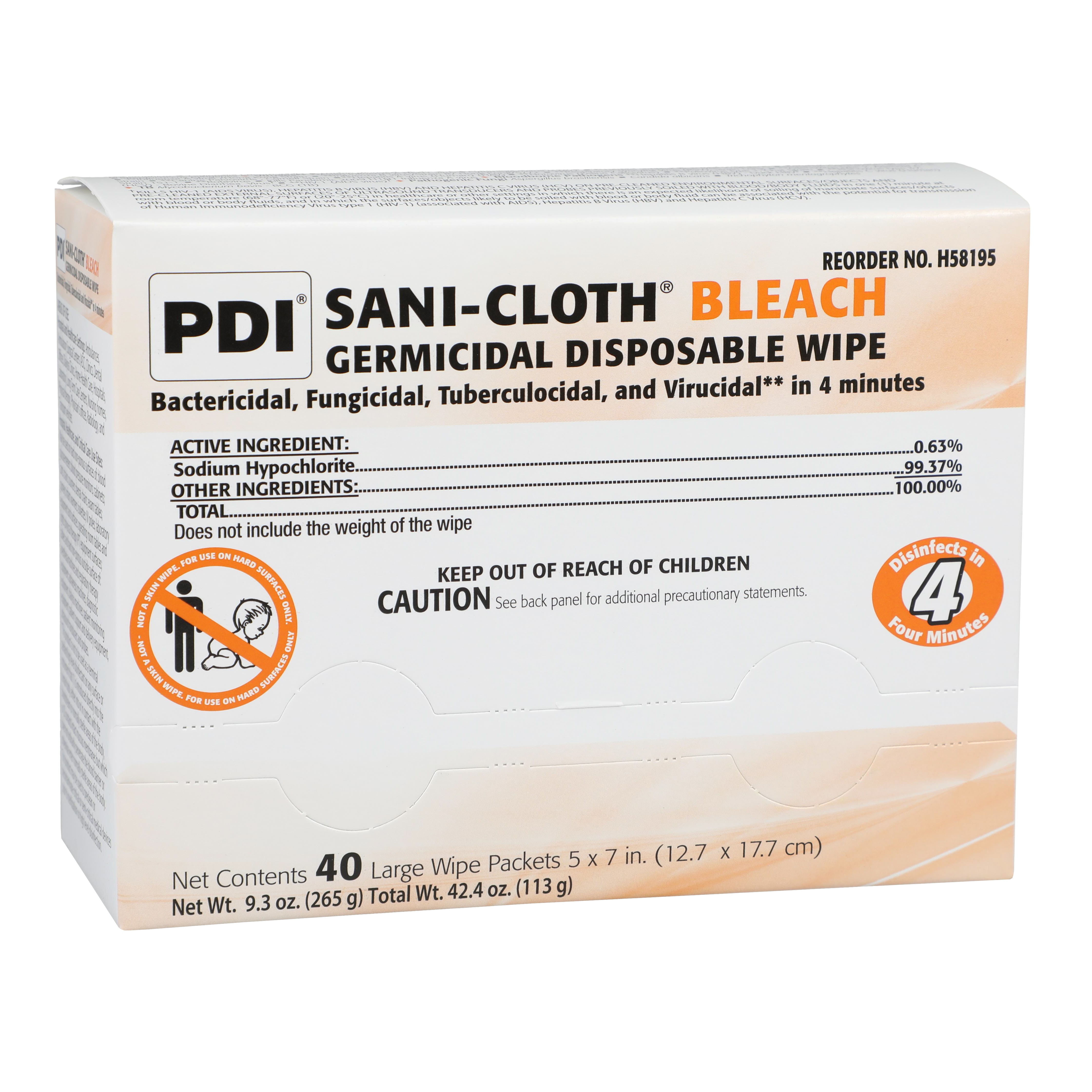 Sani-Cloth Bleach Germicidal Wipes Large Individual Packets 40/Bx