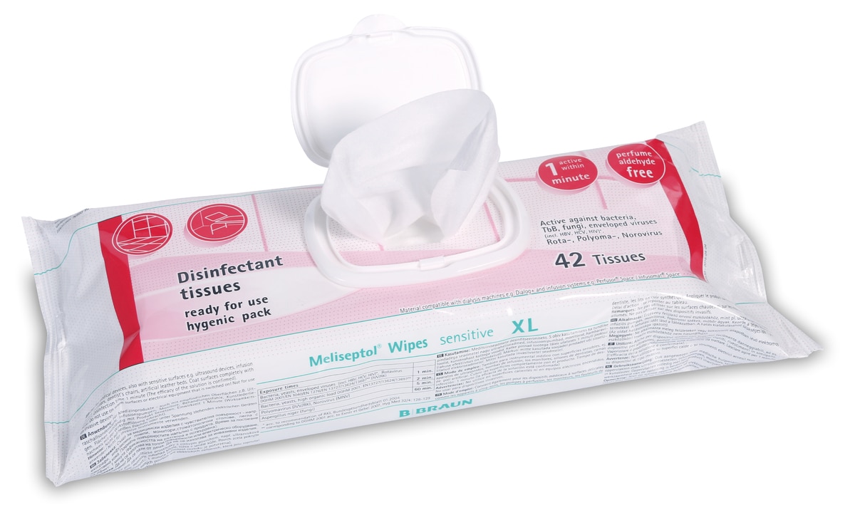 Meliseptol wipes sensitive - flowpack verpakking XL 42 doekjes, 24 x 30 cm