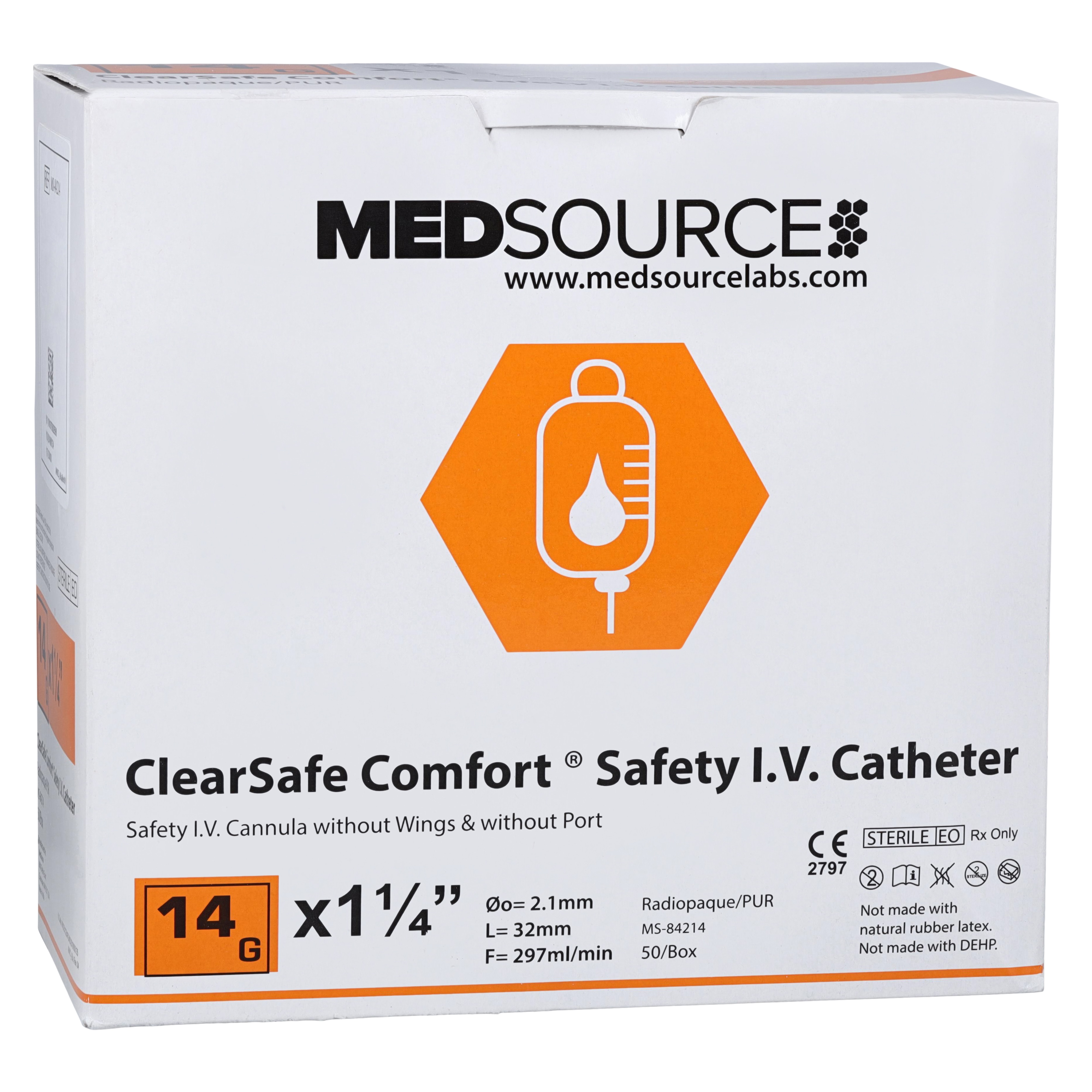 ClearSafe IV Catheter Safety 14 Gauge 1-1/4" Straight 50/Bx