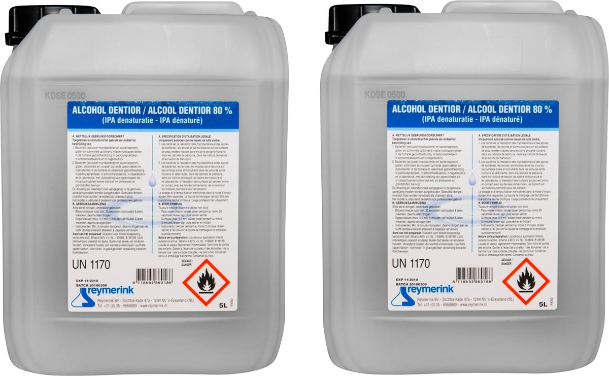 Alcohol Dentior 80% - Verpakking, 2 cans à 5 liter