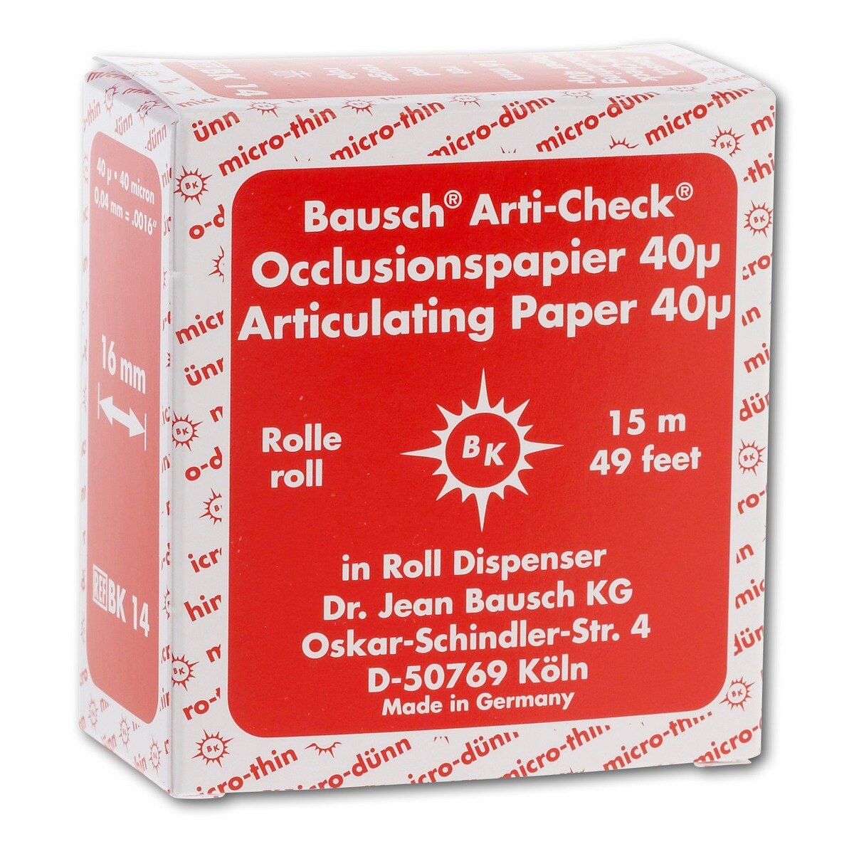 Articulatiepapier micro-dun rol in dispenserbox - Rood, 16 mm x 15 m, BK 14