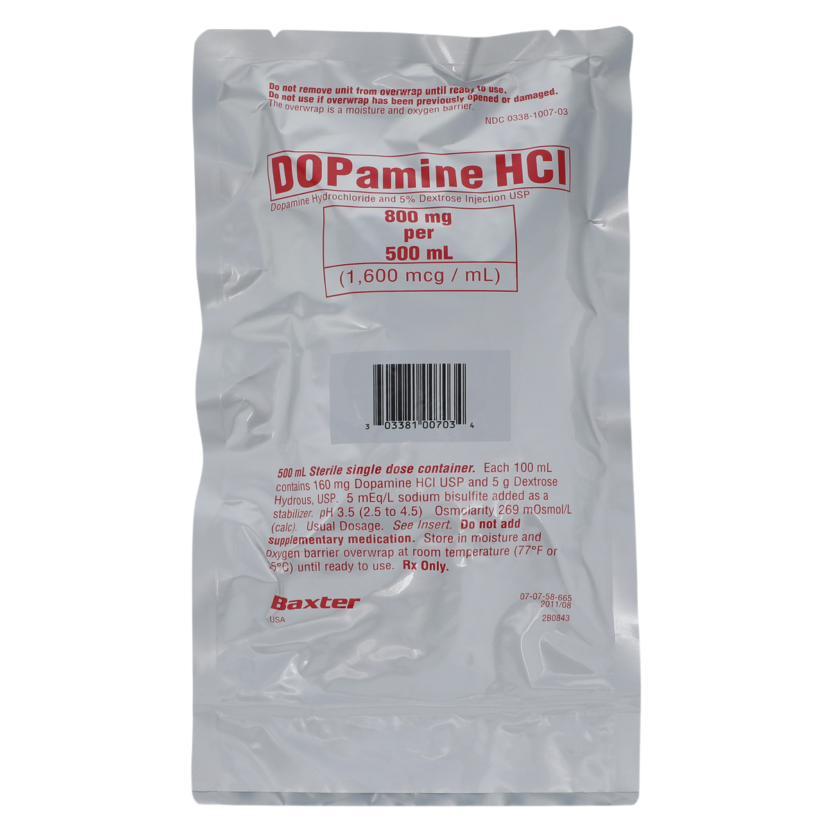 Dopamine HCl in 5% Dextrose Injection 800mg/Bag 1600mcg/mL Bag 500mL 12/Package